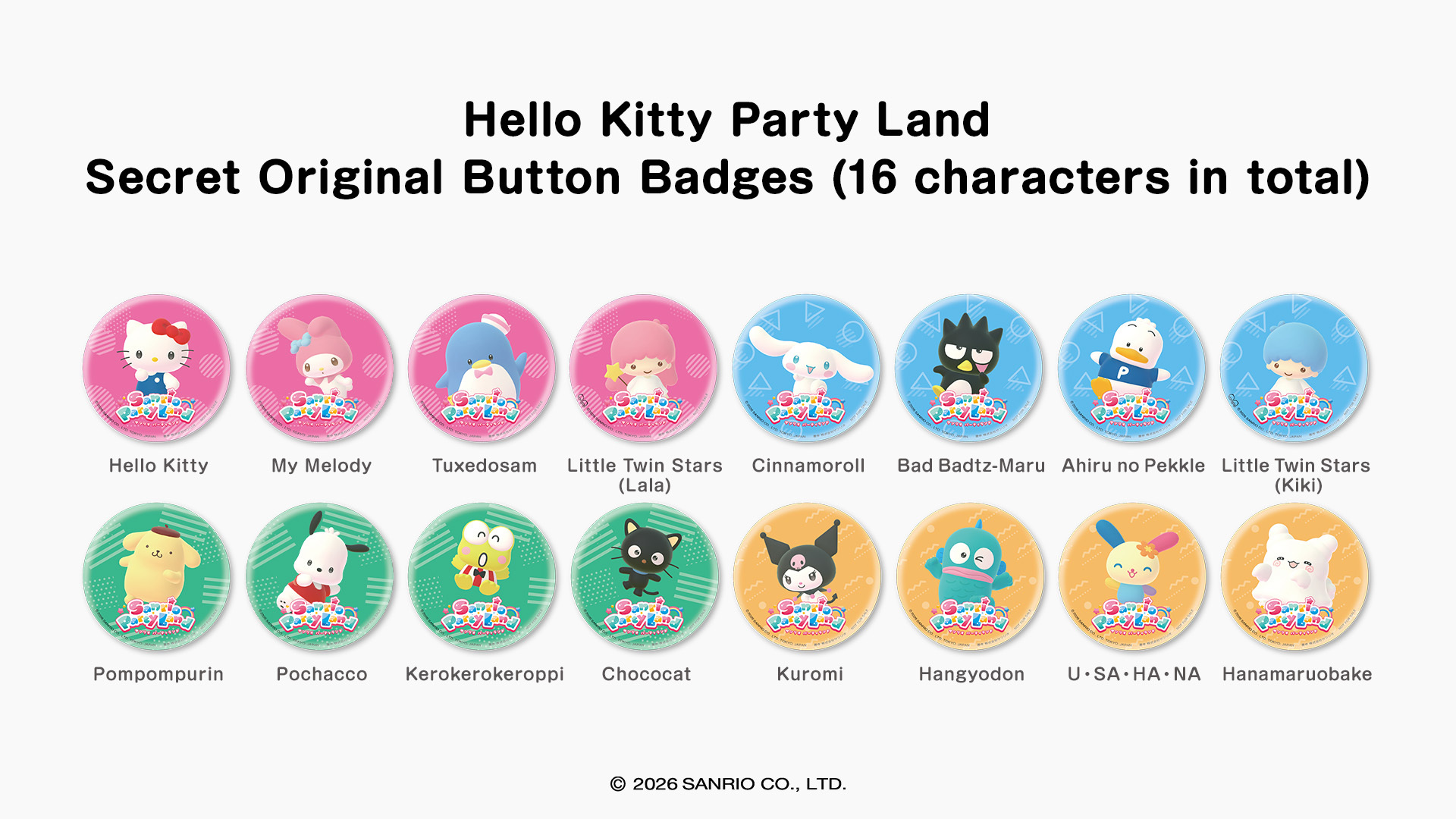 Hello Kitty Party Land Secret Original Button Badges (16 characters in total)